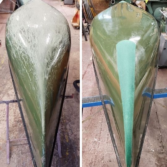 Coque d'un canot vert en composite avant et après réparation